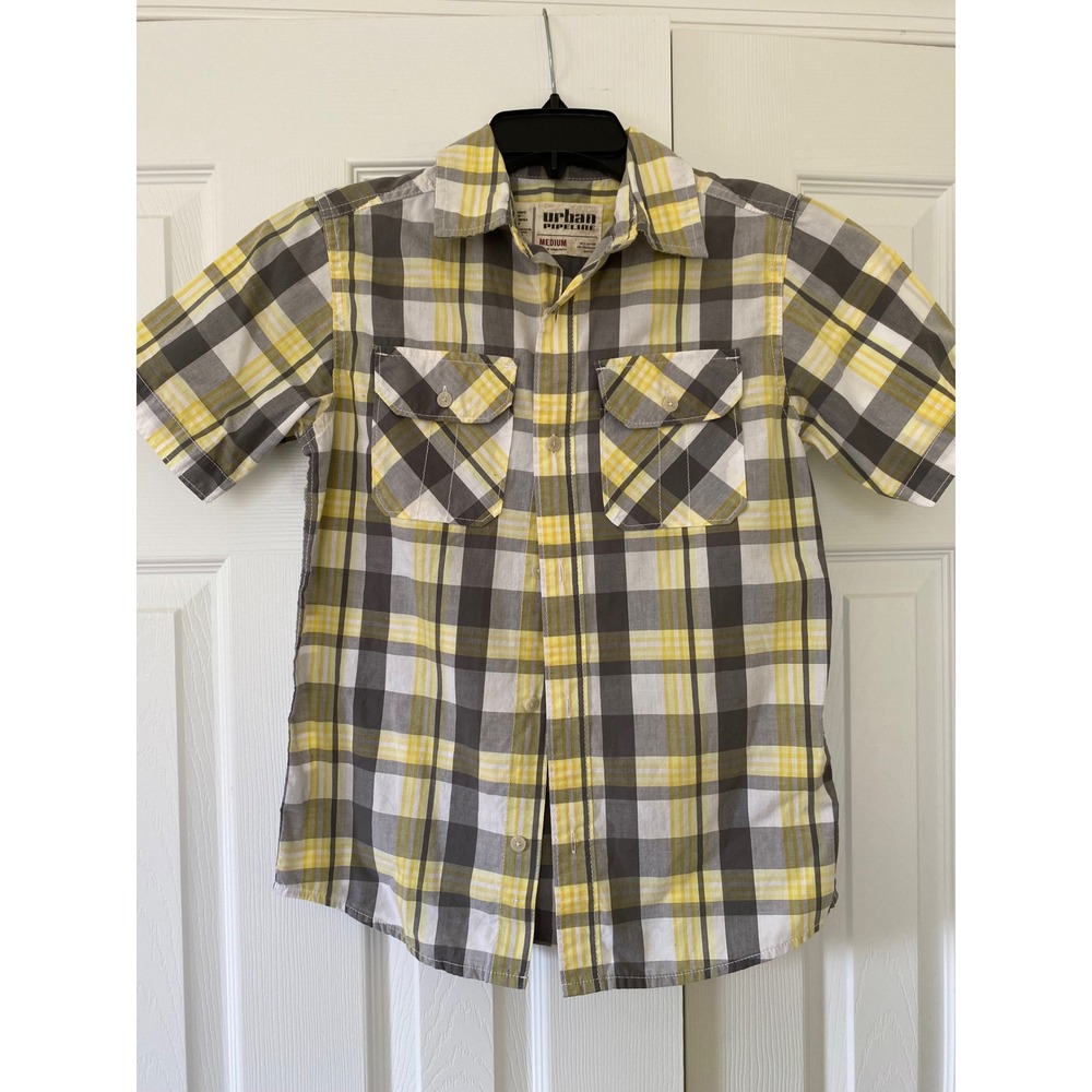 Urban Pipeline Plaid Button Down Kids Medium Yellow Grey Short Sleeve Shirt